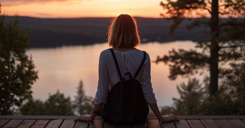 Woman sitting on a dock at sunset reflecting quietly