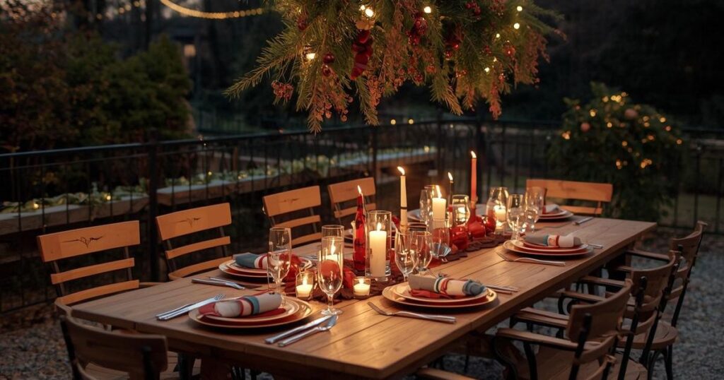 Holiday table set with candles and decorations on outdoor patio